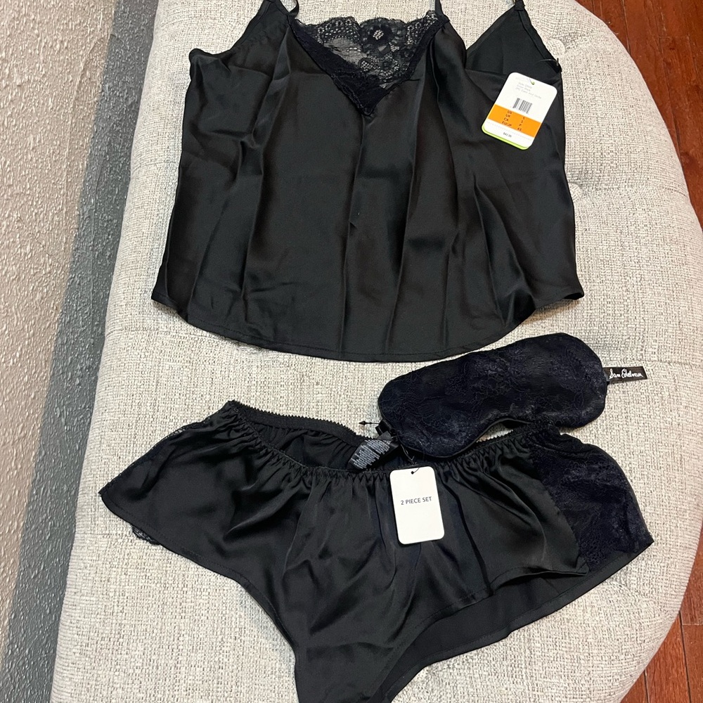 Elegant Black Satin Pajama Set with Lace Trim